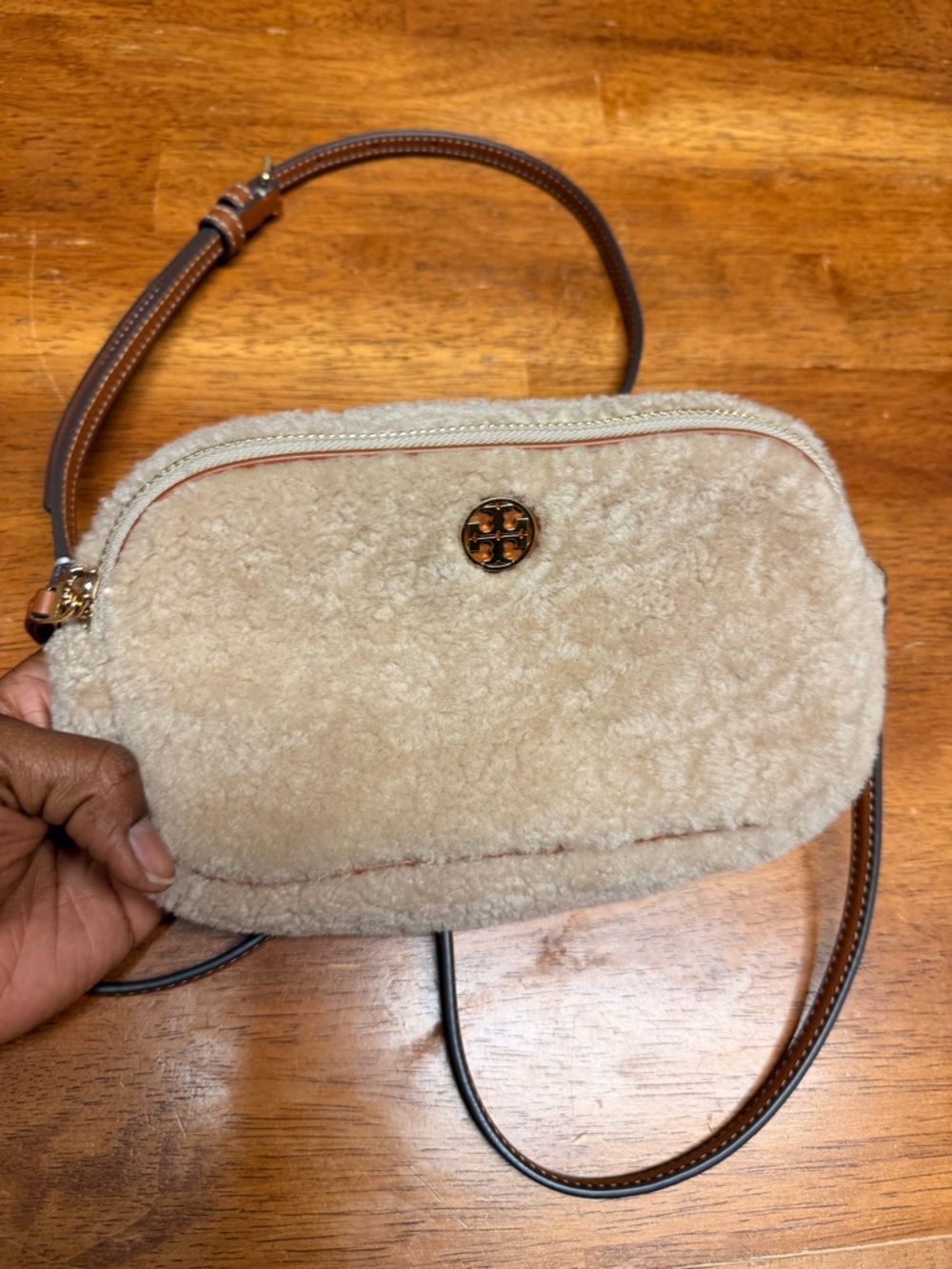 Tory Burch Cream Shearling Crossbody Bag with Brown Strap
